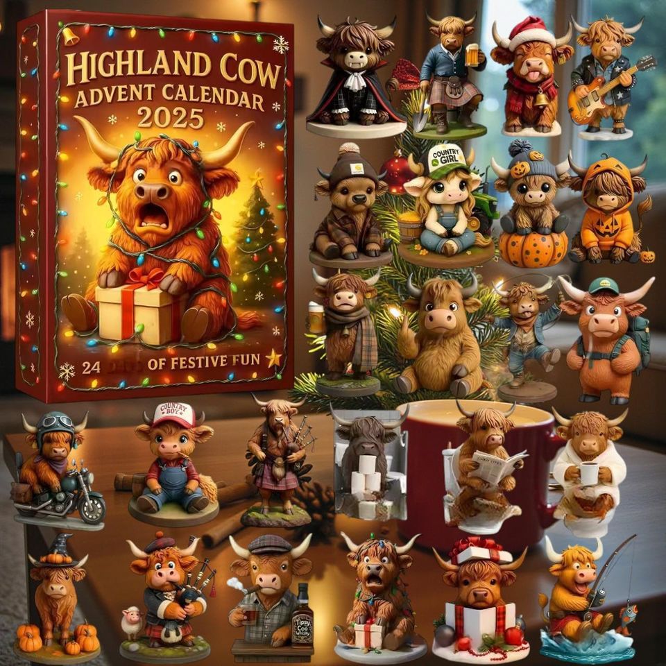 2025 Highland Cow Advent Calendar with 3D Figurines, Acrylic Blind Box Christmas Gift