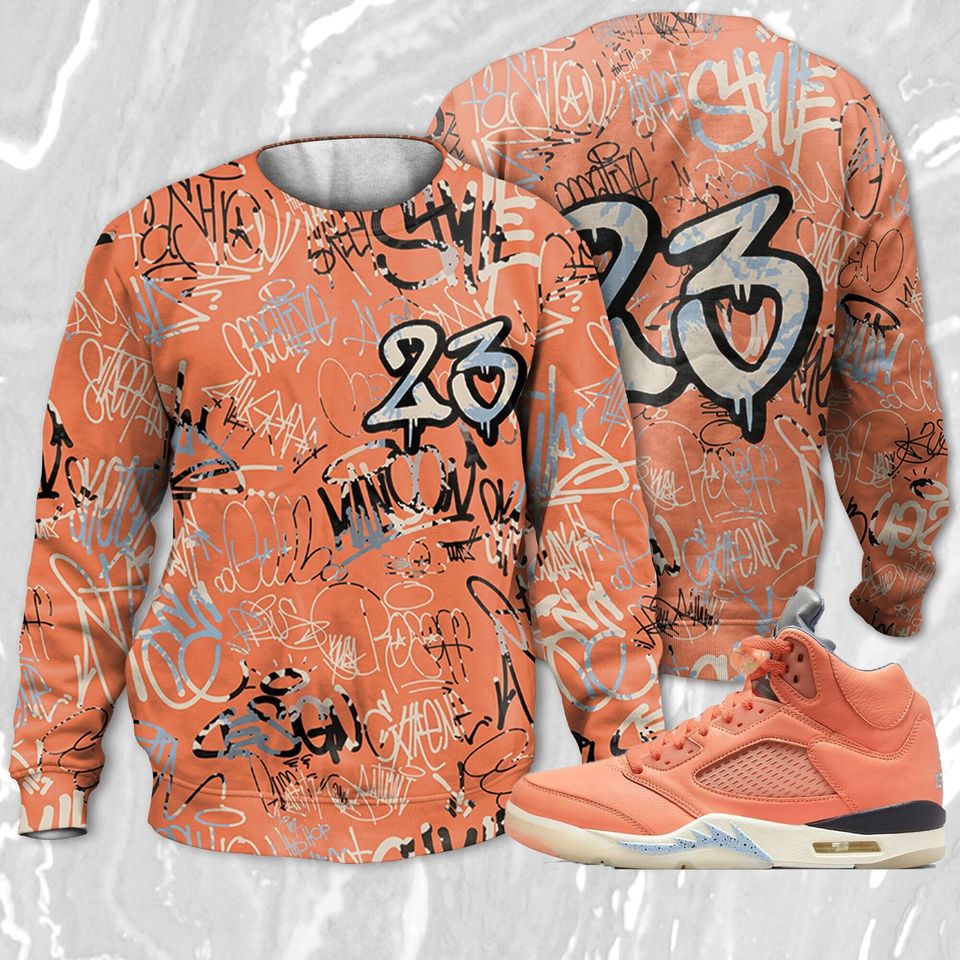 23 Hiphop 3D Graffiti Pattern Sweatshirt Match Jordan 5 DJ Khaled Crimson Bliss, Art 23 Hiphop match Sweatshirt 3D