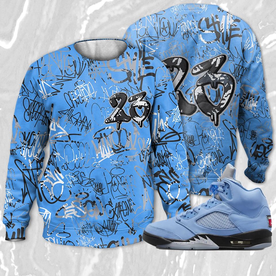 23 Hiphop 3D Graffiti Pattern Sweatshirt Match Jordan 5 University Blue