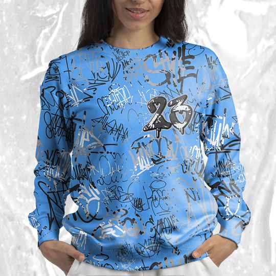 23 Hiphop 3D Graffiti Pattern Sweatshirt Match Jordan 5 University Blue - Image 10