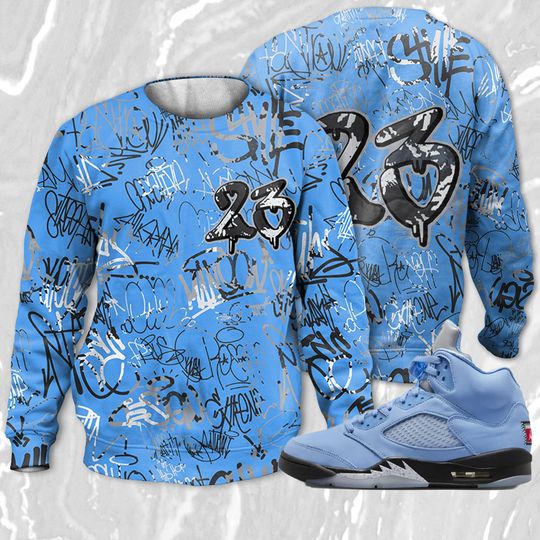 23 Hiphop 3D Graffiti Pattern Sweatshirt Match Jordan 5 University Blue - Image 6