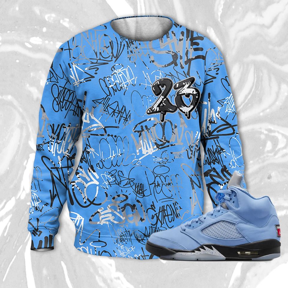 23 Hiphop 3D Graffiti Pattern Sweatshirt Match Jordan 5 University Blue - Image 2