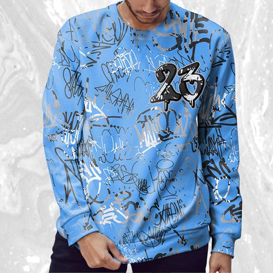 23 Hiphop 3D Graffiti Pattern Sweatshirt Match Jordan 5 University Blue - Image 9