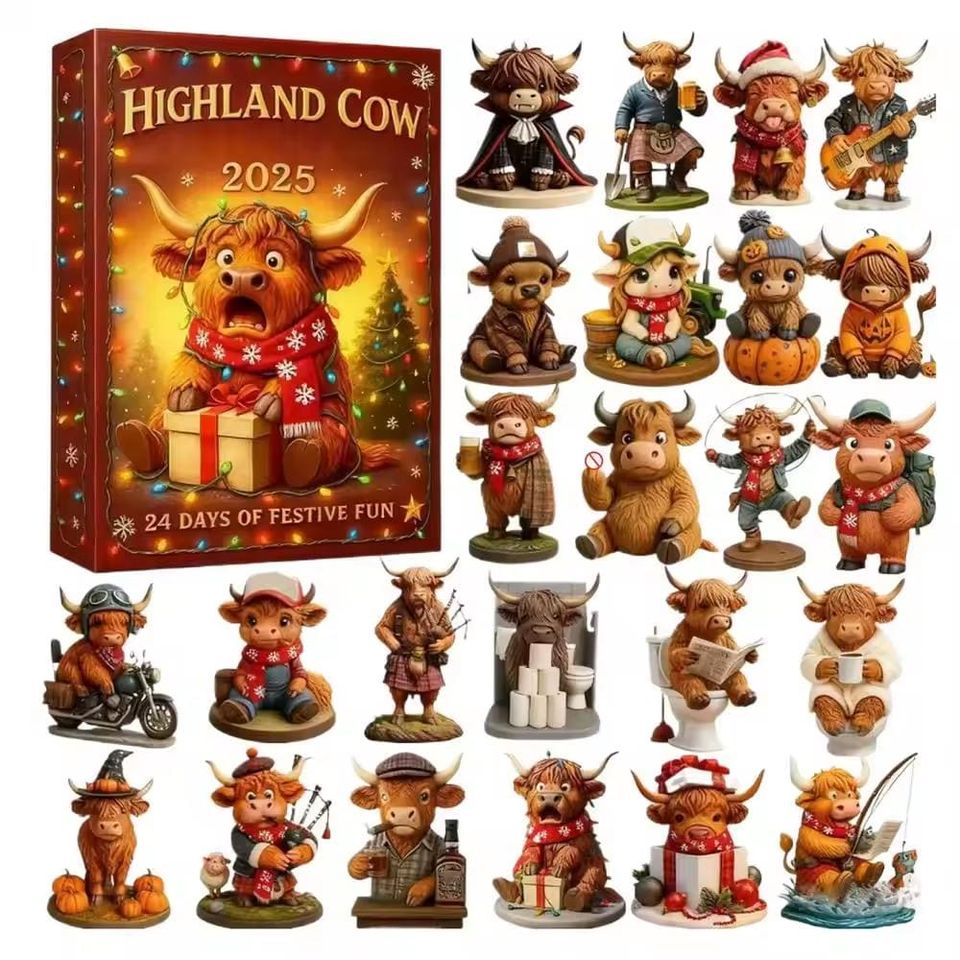 24 Days Christmas Countdown Calendar, Highland Cow Christmas Tree Calendar Blind Box