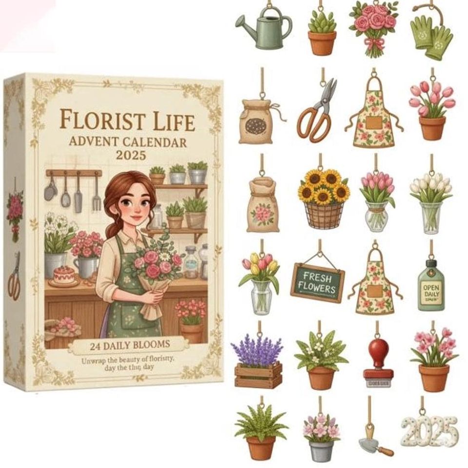 2D Acrylic Florist Life Advent Calendar 2025, 24 Days of Surprise Flowers Calendar