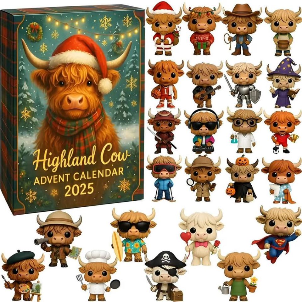 2D Acrylic Highland Cow Advent Calendar, Resin Figurine Set, Mini Cow Christmas Decor