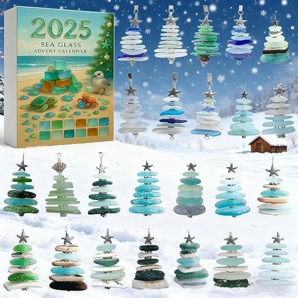2D Sea Glass Christmas Advent Calendar 2025 | Coastal Countdown Box with 24 Ornaments, Handmade Holiday Decor Gift