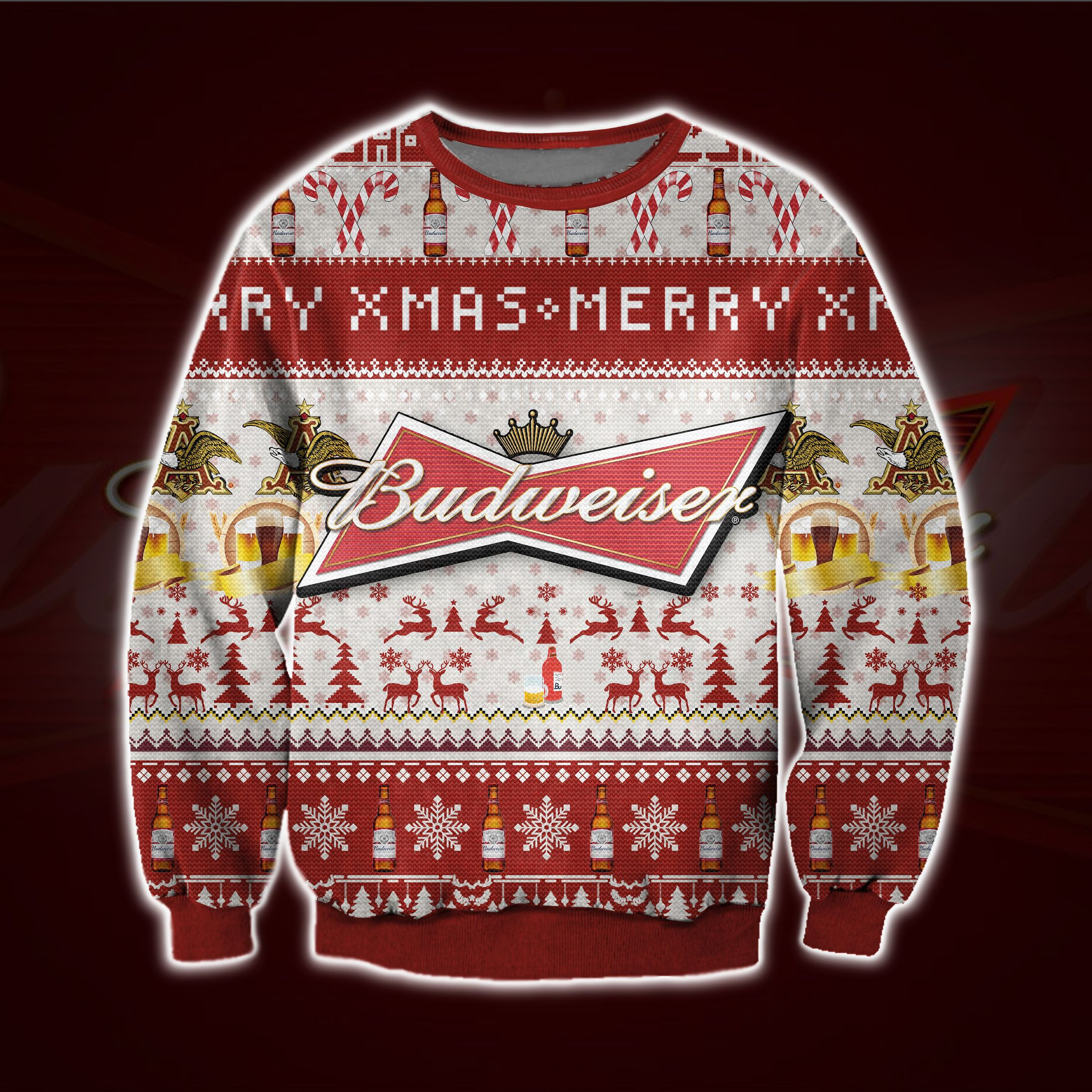 3D All Over Print Budweiser Beer Ugly Christmas Sweater Adult 3D Funny Matching for family