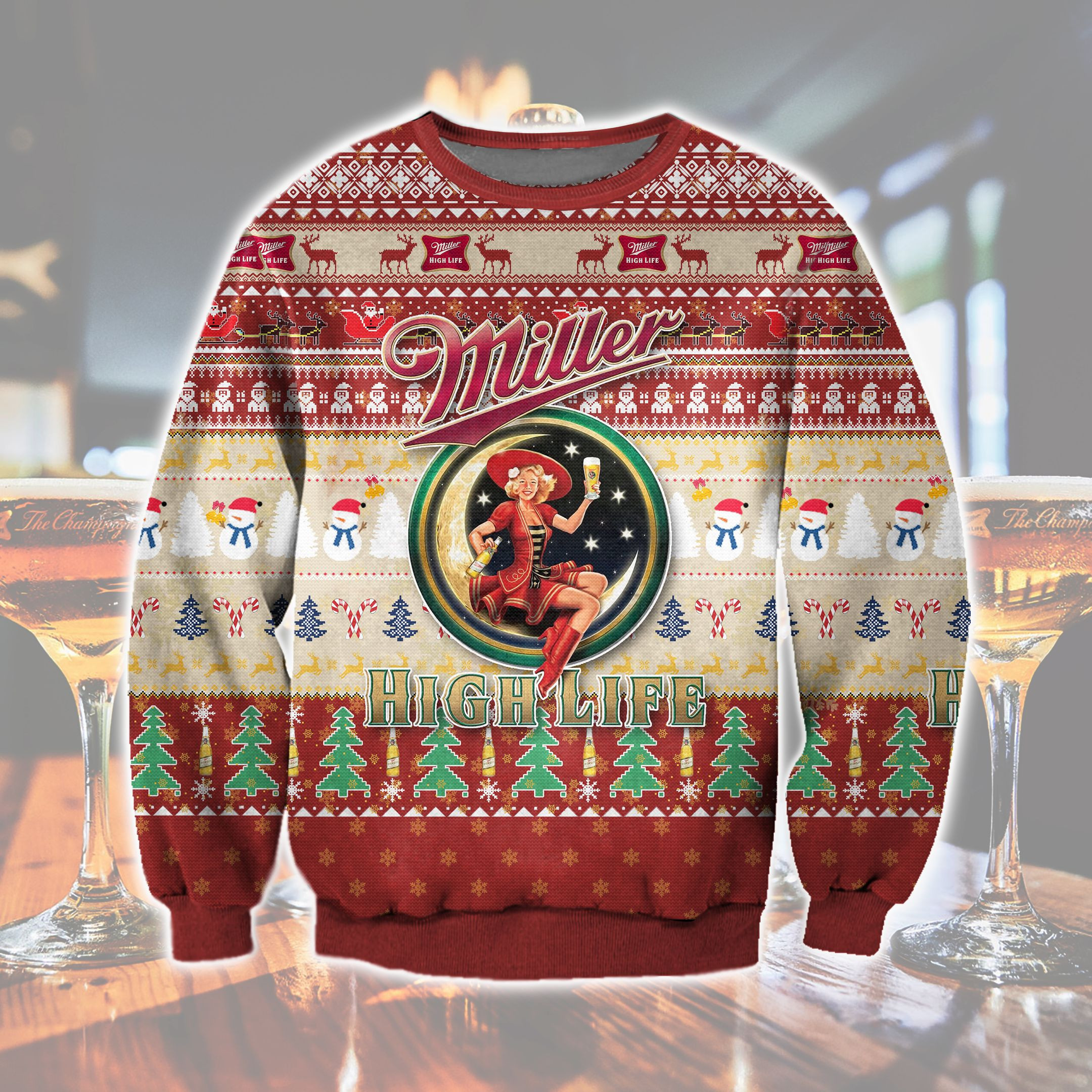 3D All Over Print Miller High Life Beer Ugly Christmas Sweater Adult 3D Funny Matching for family