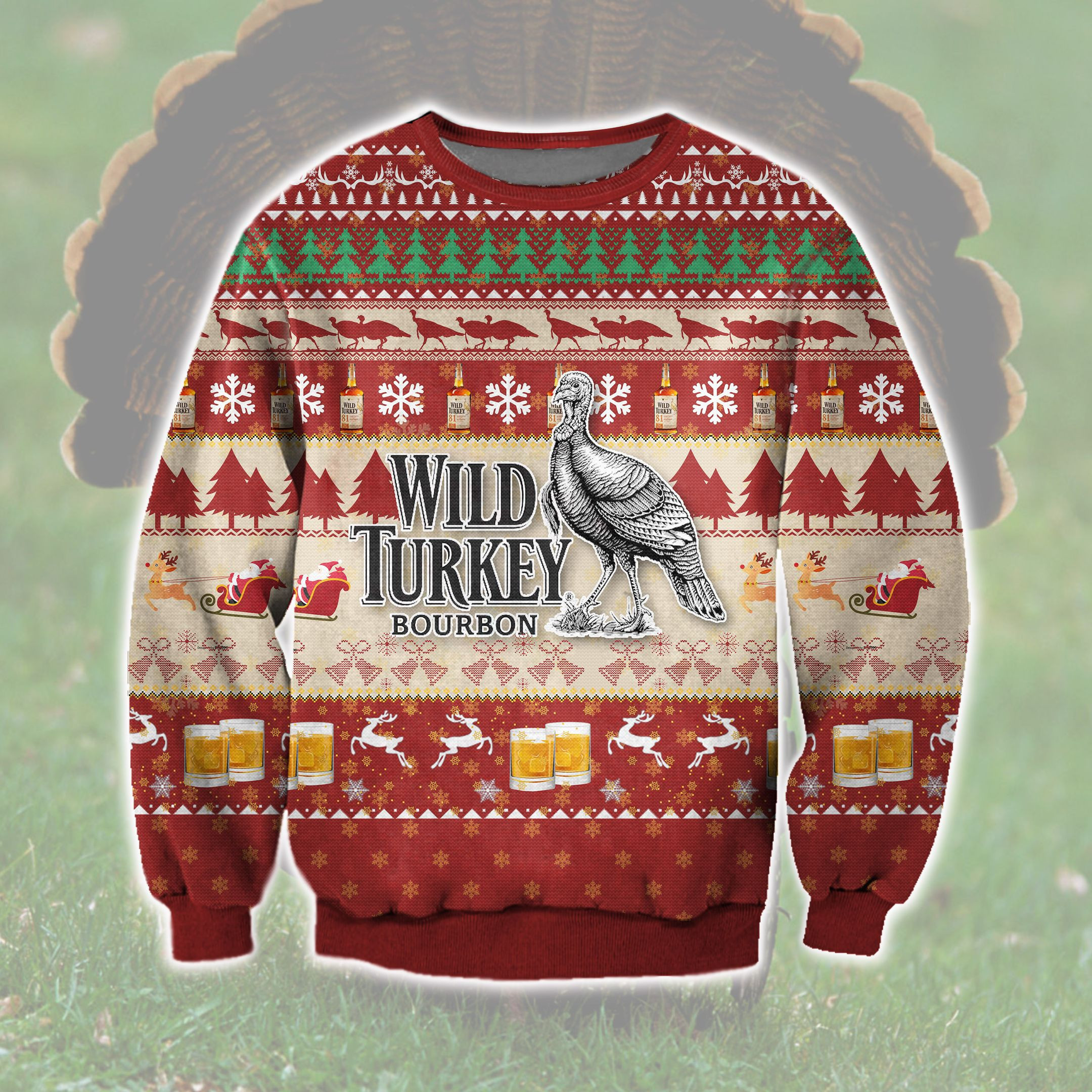 3D All Over Print Wild Turkey Bourbon Whiskey Ugly Christmas Sweater Adult 3D Funny Matching for family