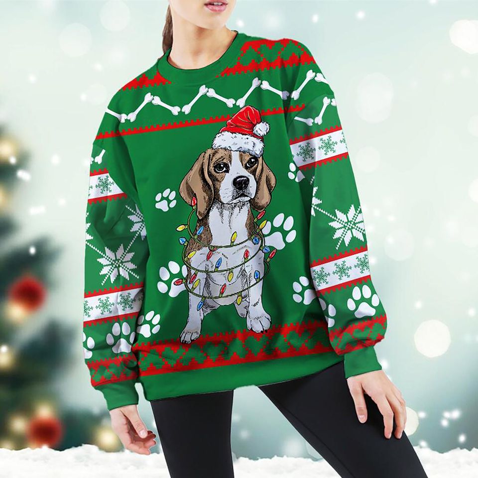 3D Beagle Green Christmas Sweater