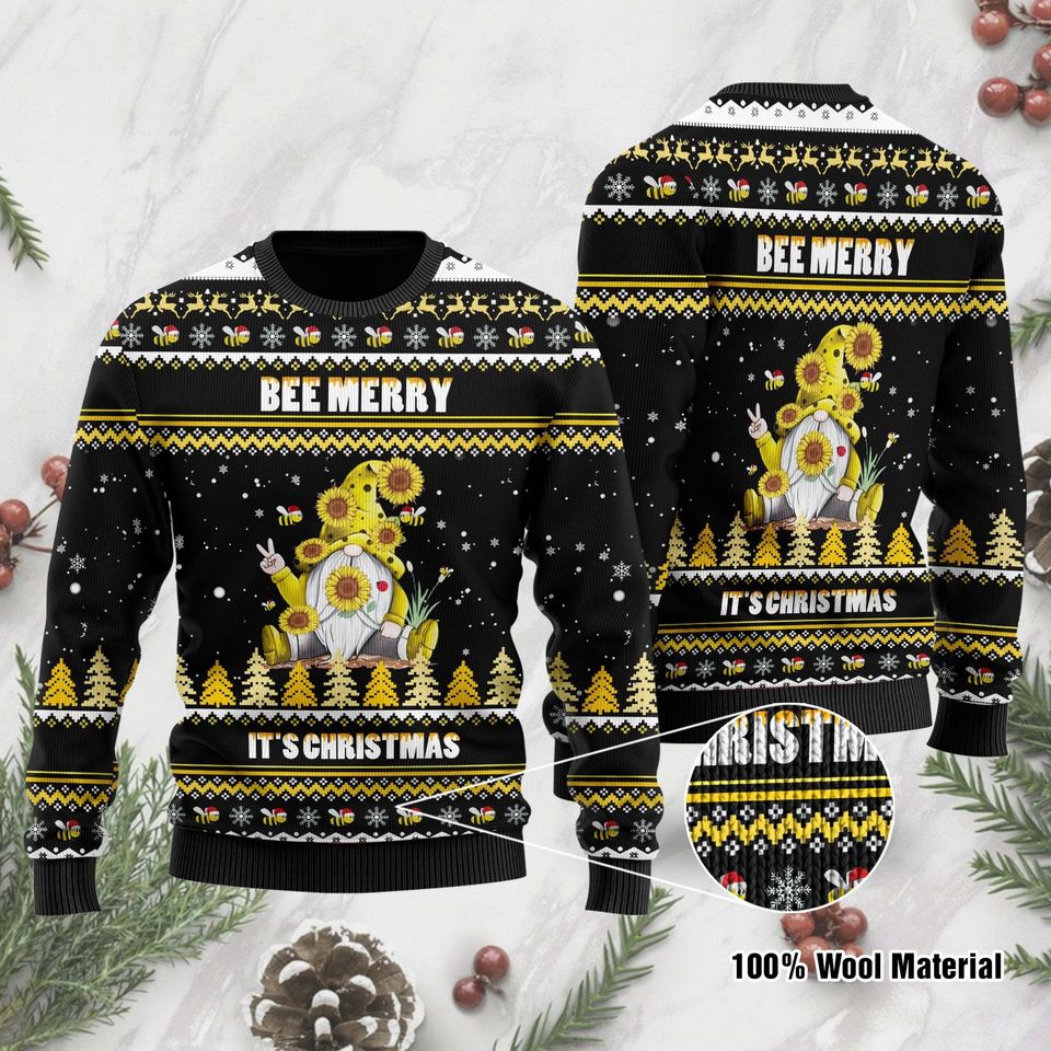 3D Bee Merry It's Christmas Gnome Ugly Christmas Sweater