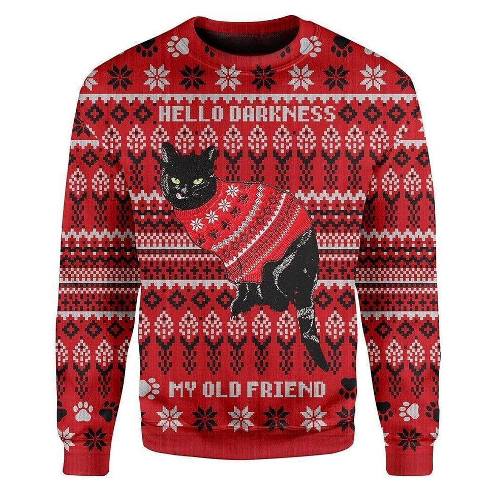 3D Black Cat Wear Red Christmas Sweater