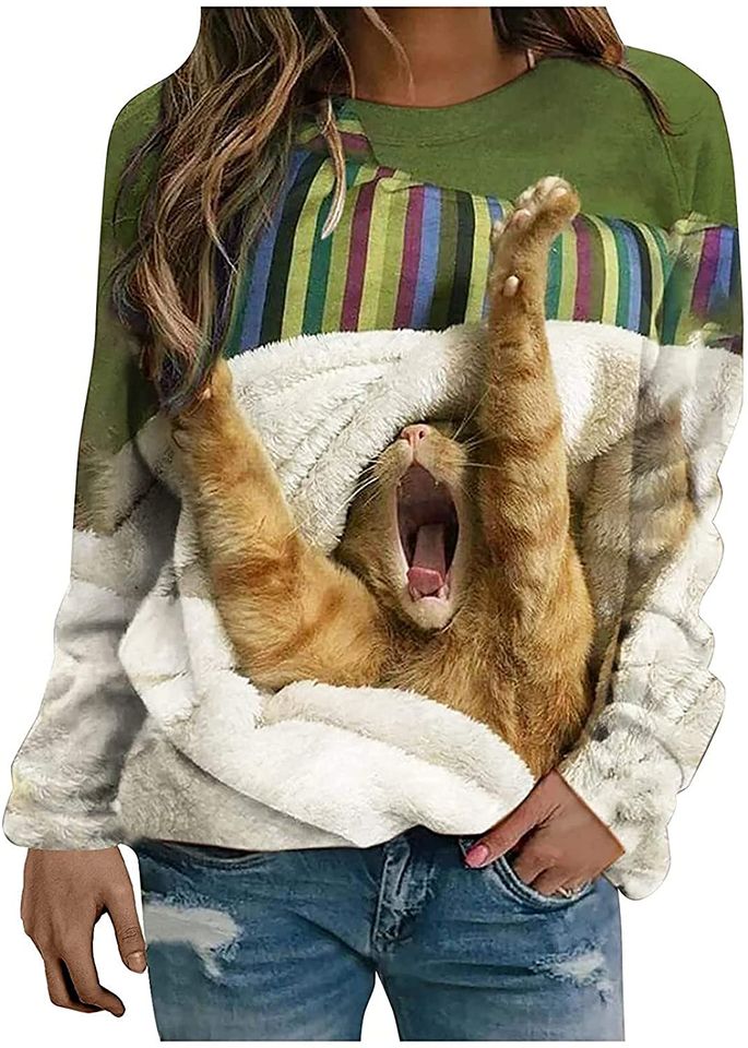 3D Cartoon Sweatshirt Cat Print Long Sleeve Round Neck