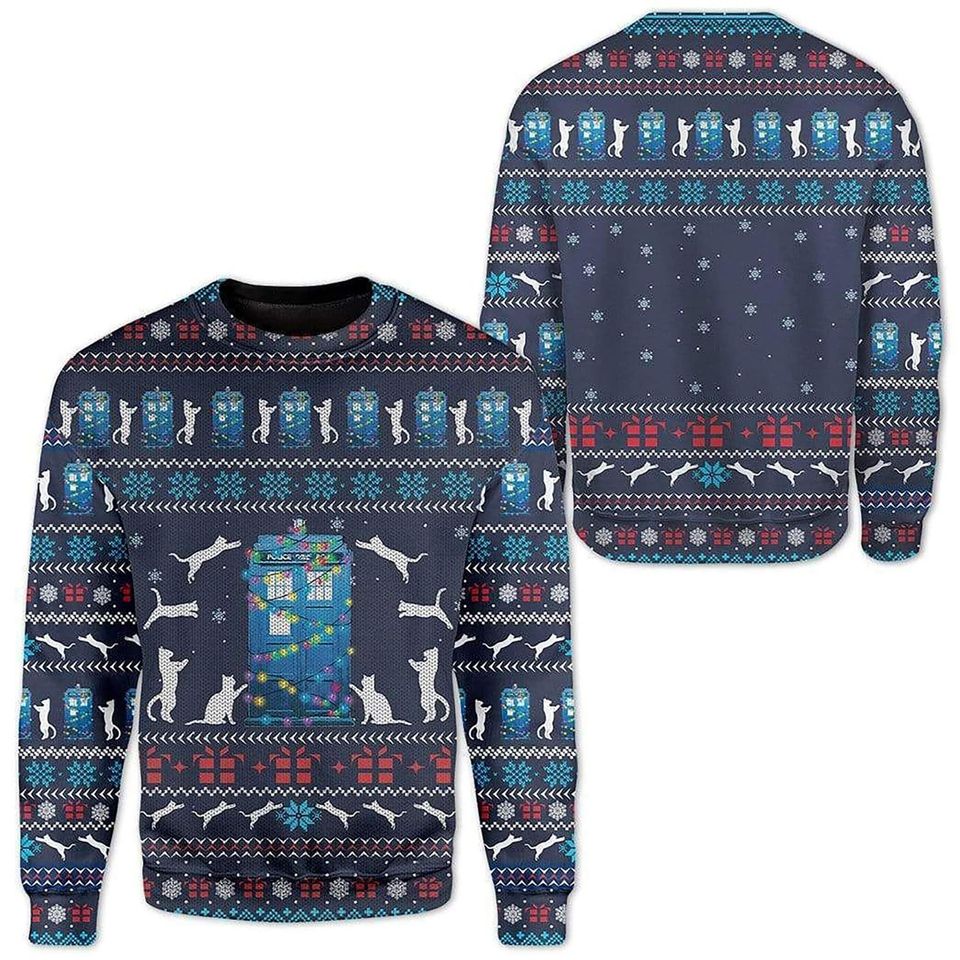 3D Cat Around Police Office Christmas Sweater