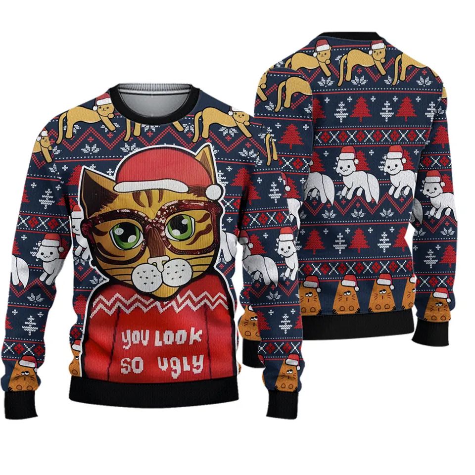 3D Cat Look So Ugly Christmas Sweater