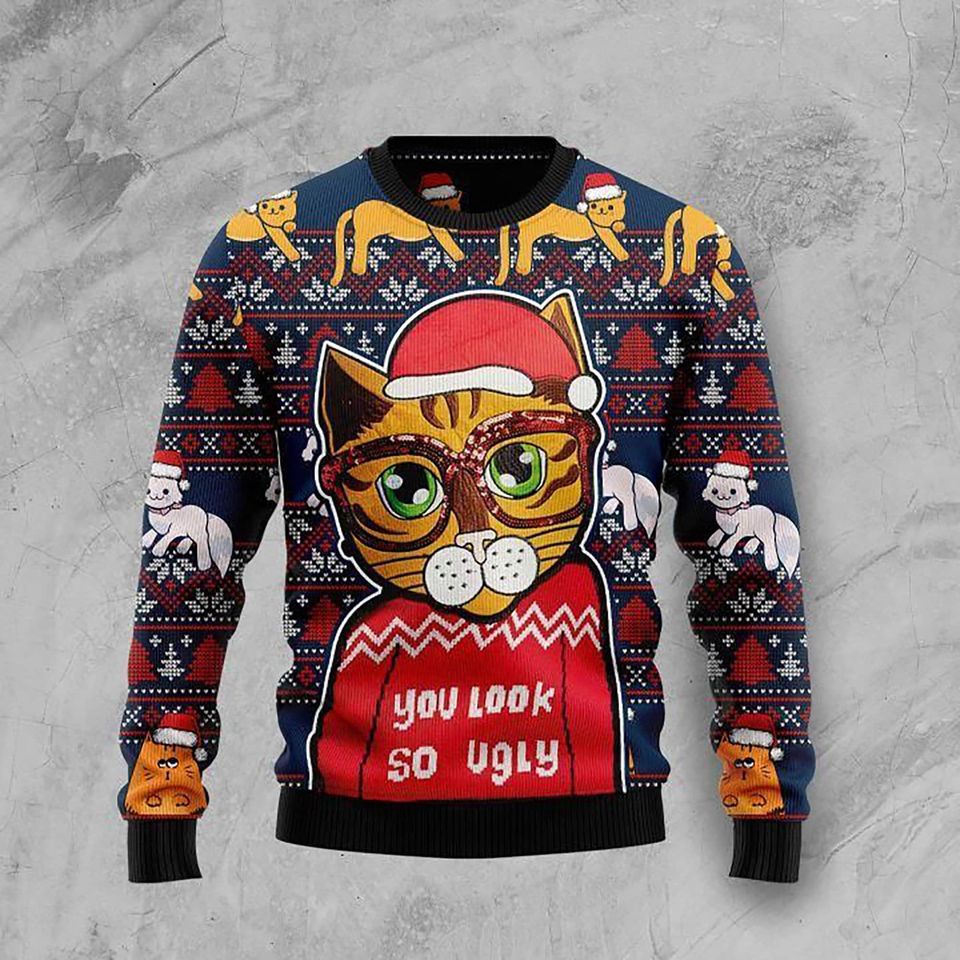 3D Cat Look So Ugly Christmas Sweater, Cat Santa Ugly Xmas