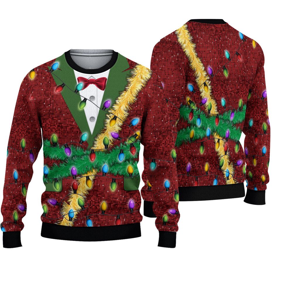 3D Christmas Light Red Glitter Full Printed Ugly Christmas Sweater Shirt