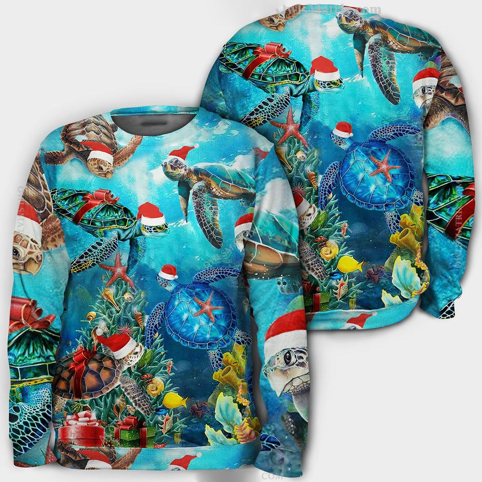 3D Christmas Santa Turtle To Ocean Sweater Shirt