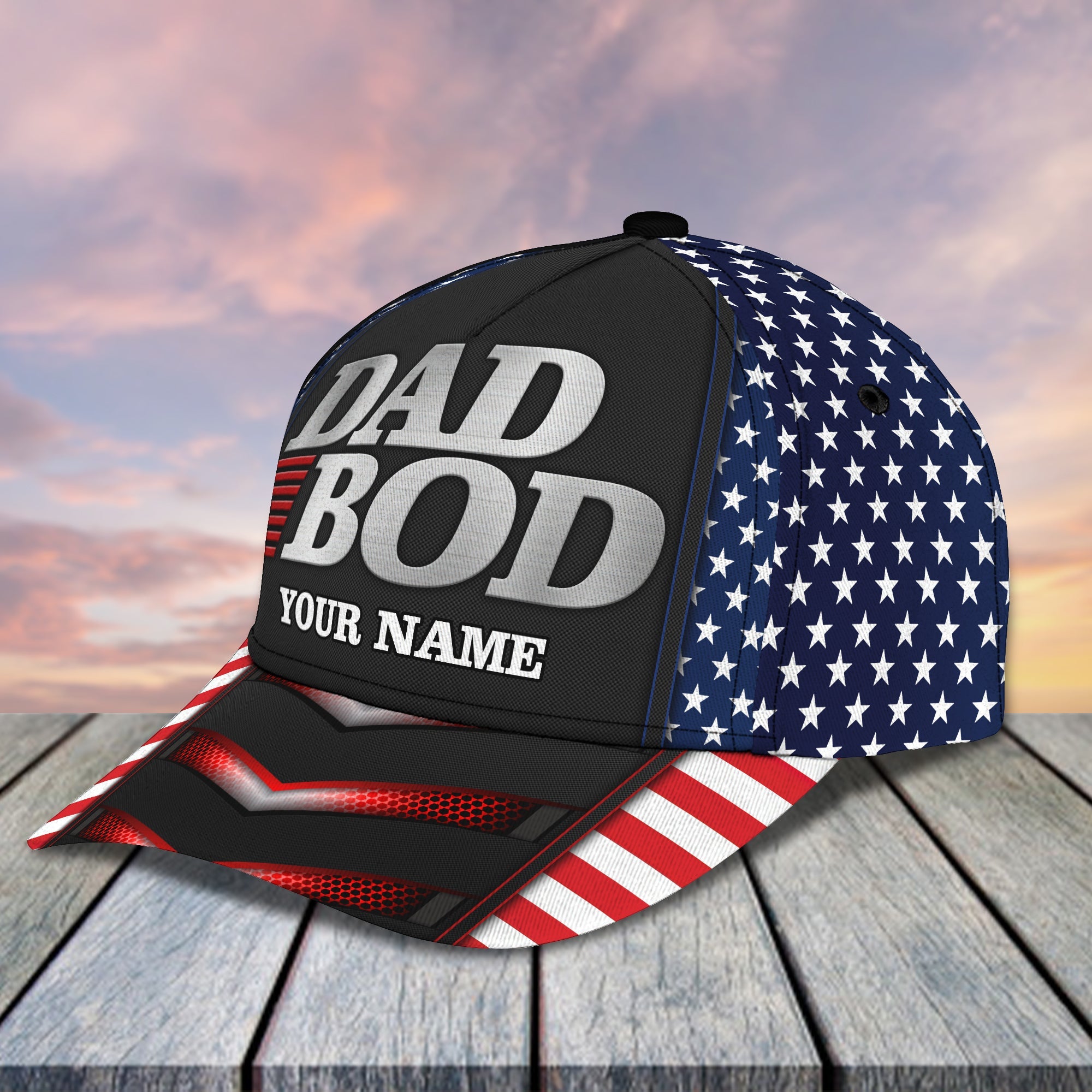 3D Classic Cap Dad Bod American Flag Personalized Name Cap Trucker Hats Custom Hats Gifts For Men & Women