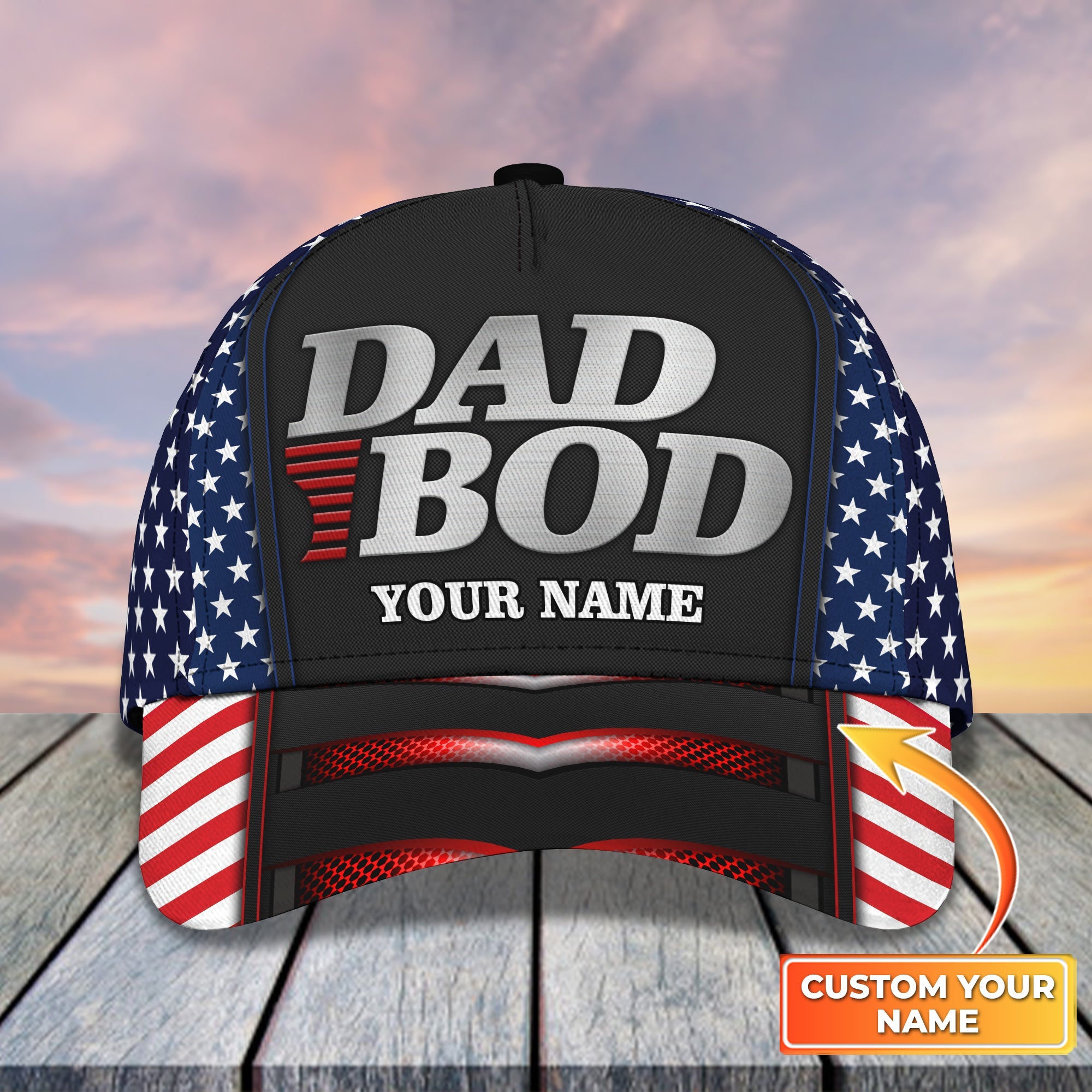 3D Classic Cap Dad Bod American Flag Personalized Name Cap Trucker Hats Custom Hats Gifts For Men & Women