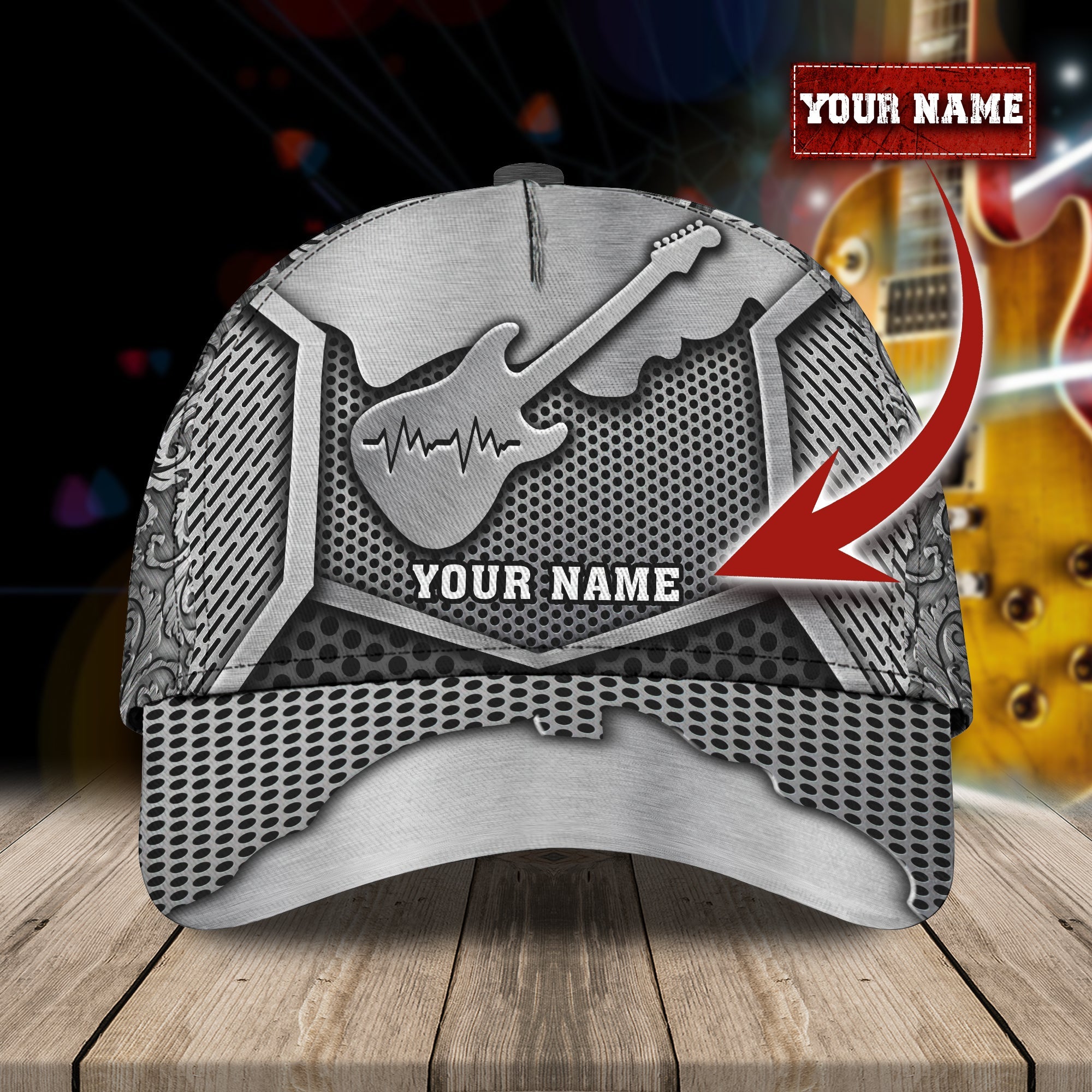 3D Classic Cap Guitar Personalized Name Cap Silver Trucker Hats Custom Hats Gifts For Men & Women