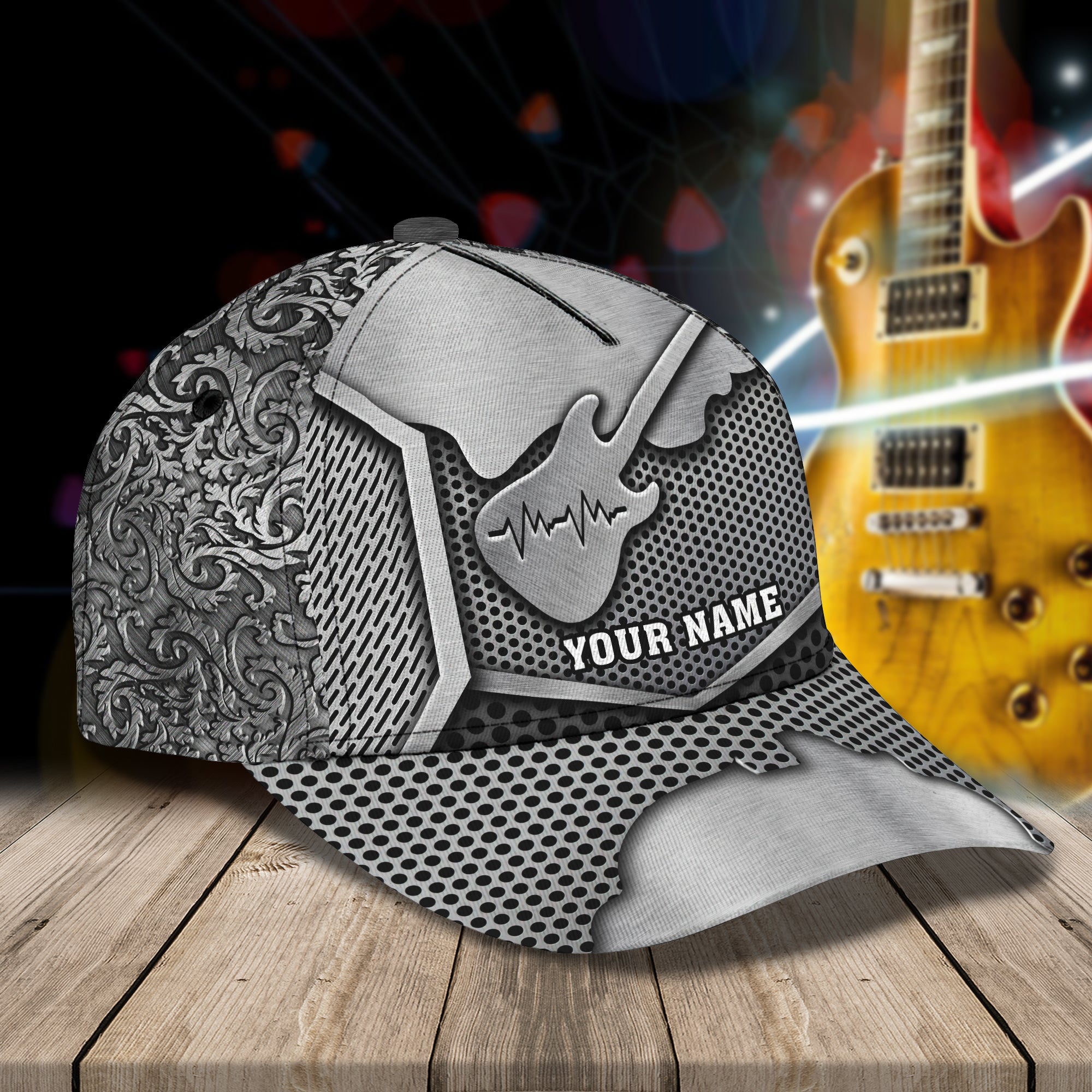 3D Classic Cap Guitar Personalized Name Cap Silver Trucker Hats Custom Hats Gifts For Men & Women