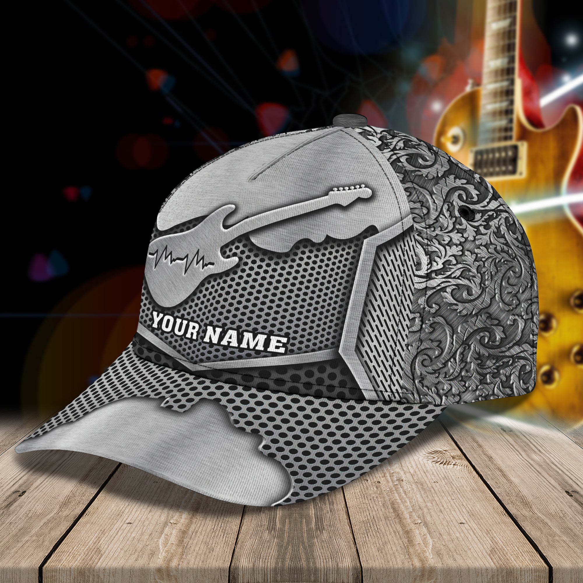 3D Classic Cap Guitar Personalized Name Cap Silver Trucker Hats Custom Hats Gifts For Men & Women