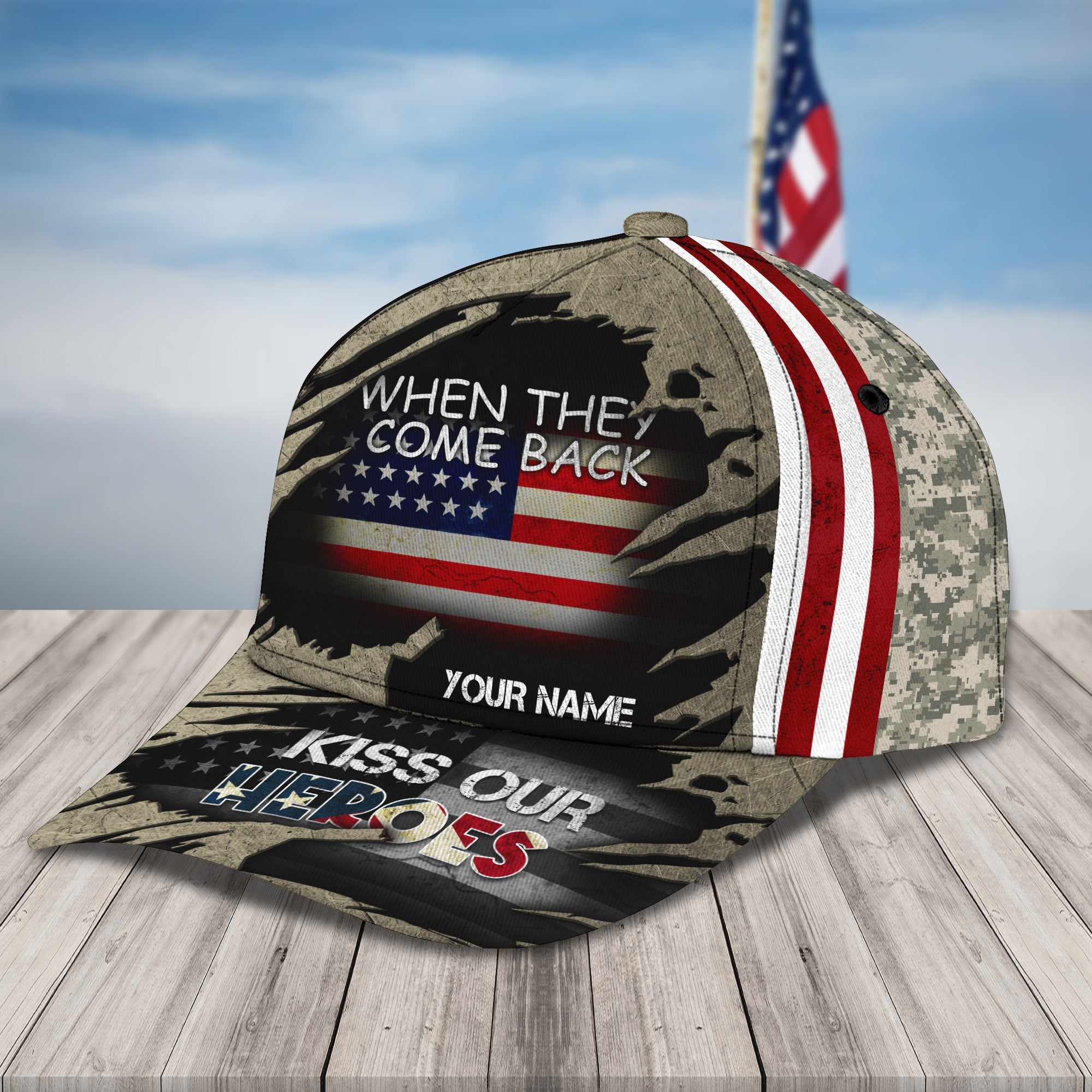 3D Classic Cap Kiss Our Heroes Personalize Name Cap Trucker Hats Custom Hats Gifts For Men & Women