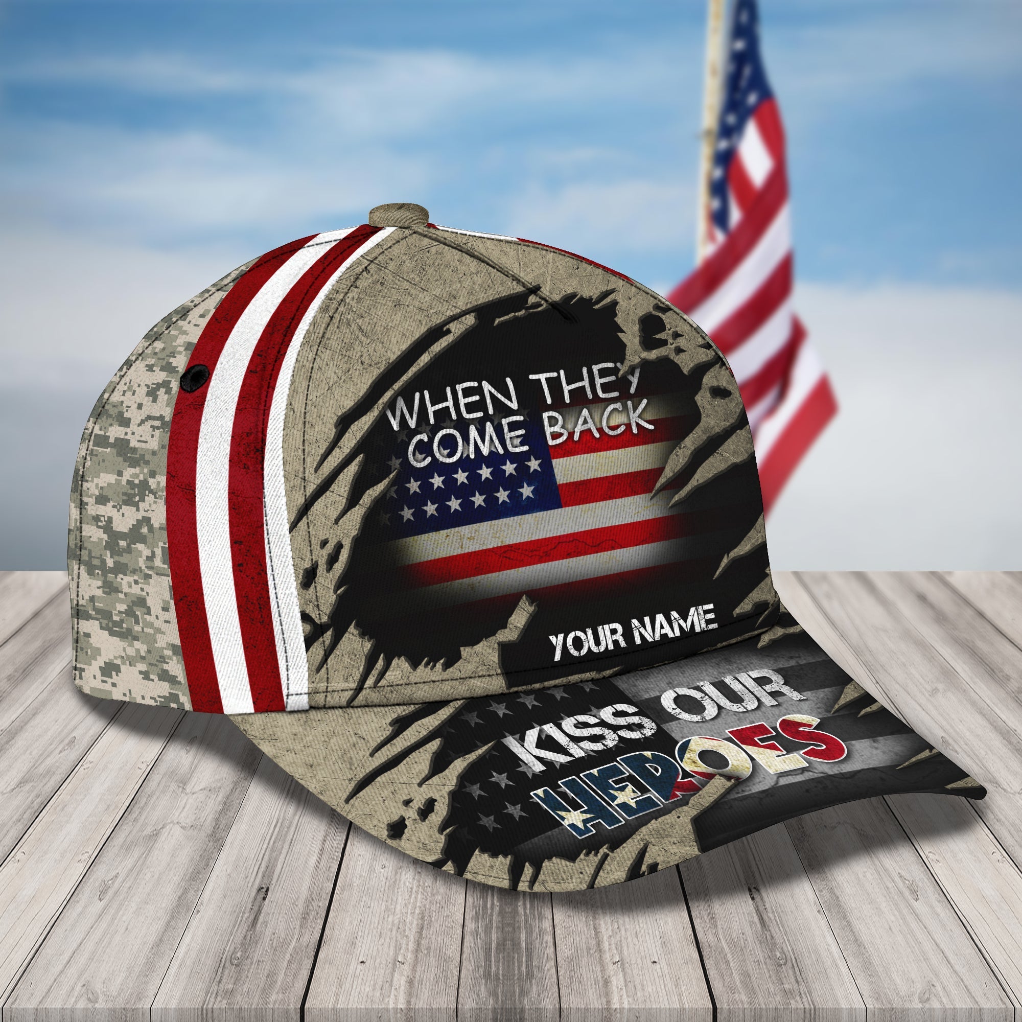 3D Classic Cap Kiss Our Heroes Personalize Name Cap Trucker Hats Custom Hats Gifts For Men & Women
