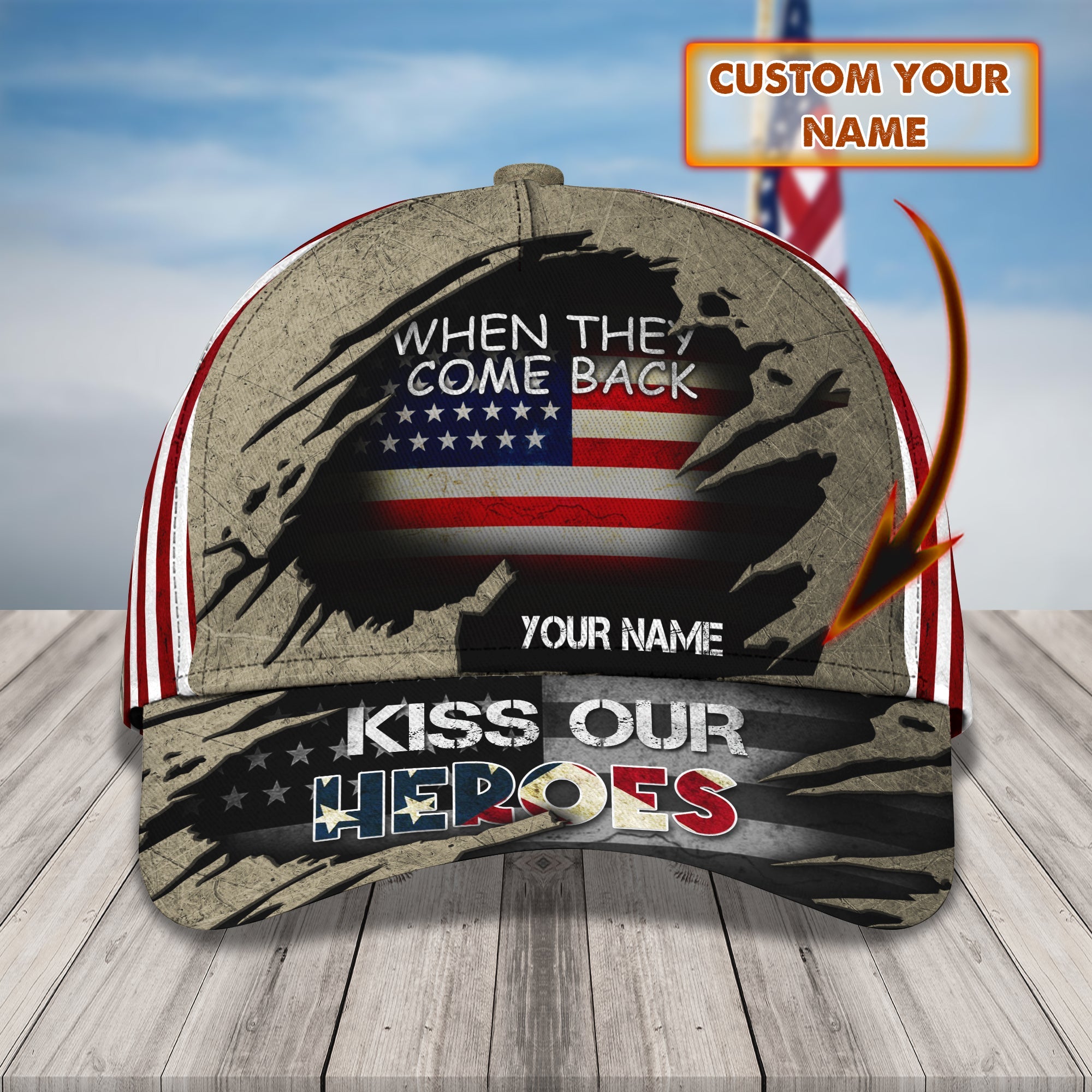 3D Classic Cap Kiss Our Heroes Personalize Name Cap Trucker Hats Custom Hats Gifts For Men & Women