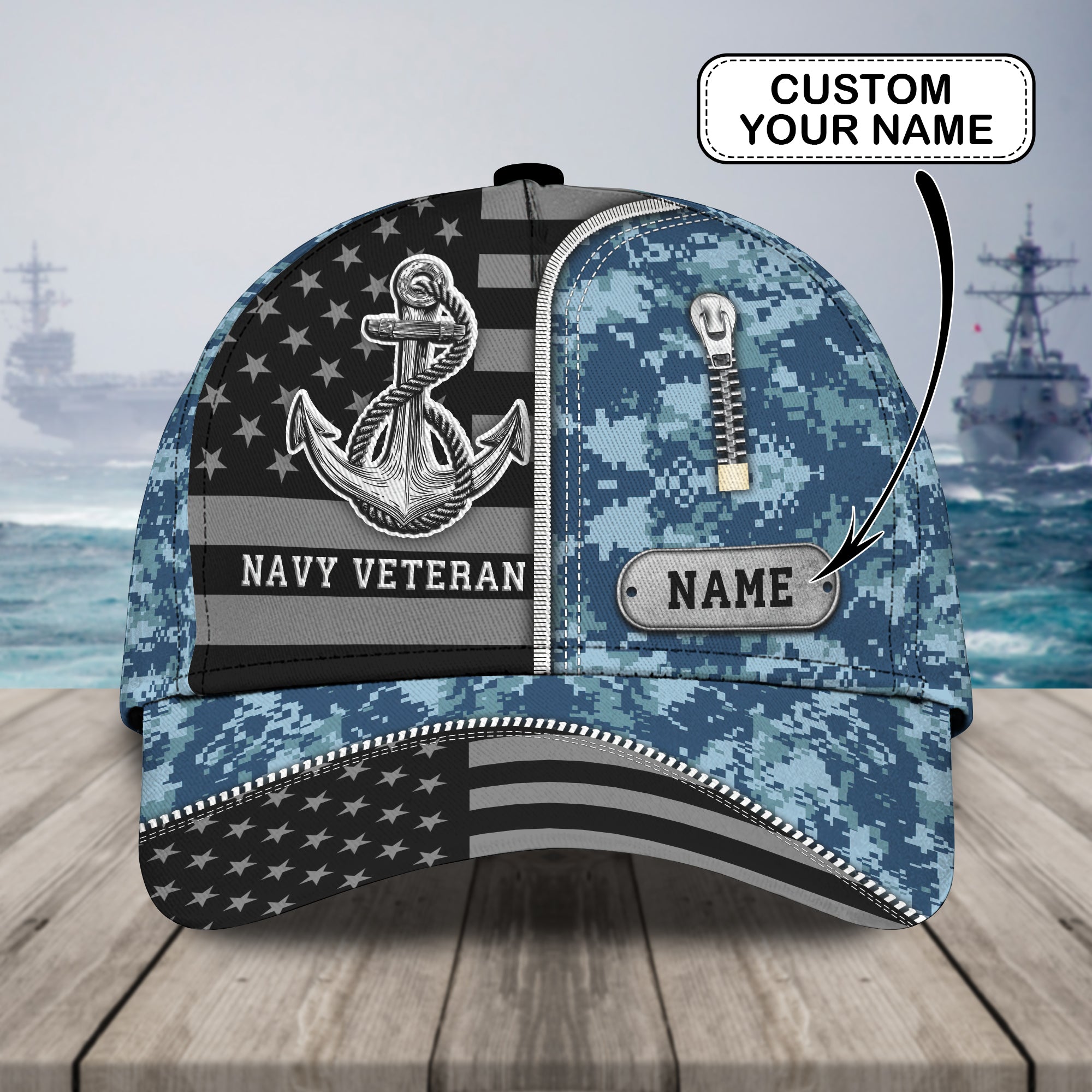 3D Classic Cap Navy Veteran Personalized Name Cap Trucker Hats Custom Hats Gifts For Men & Women