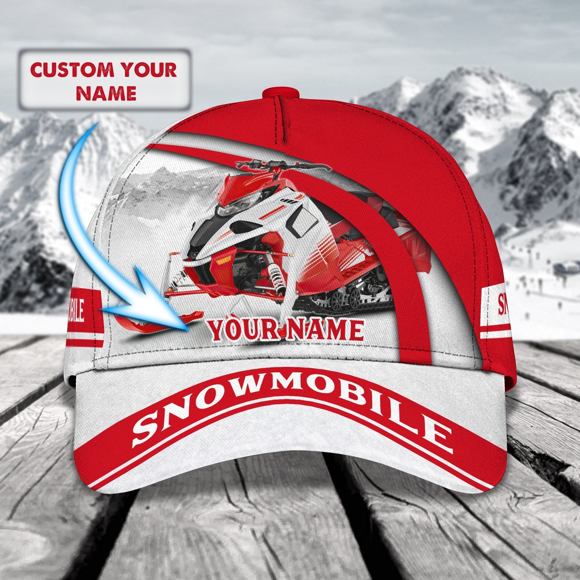 3D Classic Cap Red Snowmobile Personalized Name Cap 01 Trucker Hats Custom Hats Gifts For Men & Women