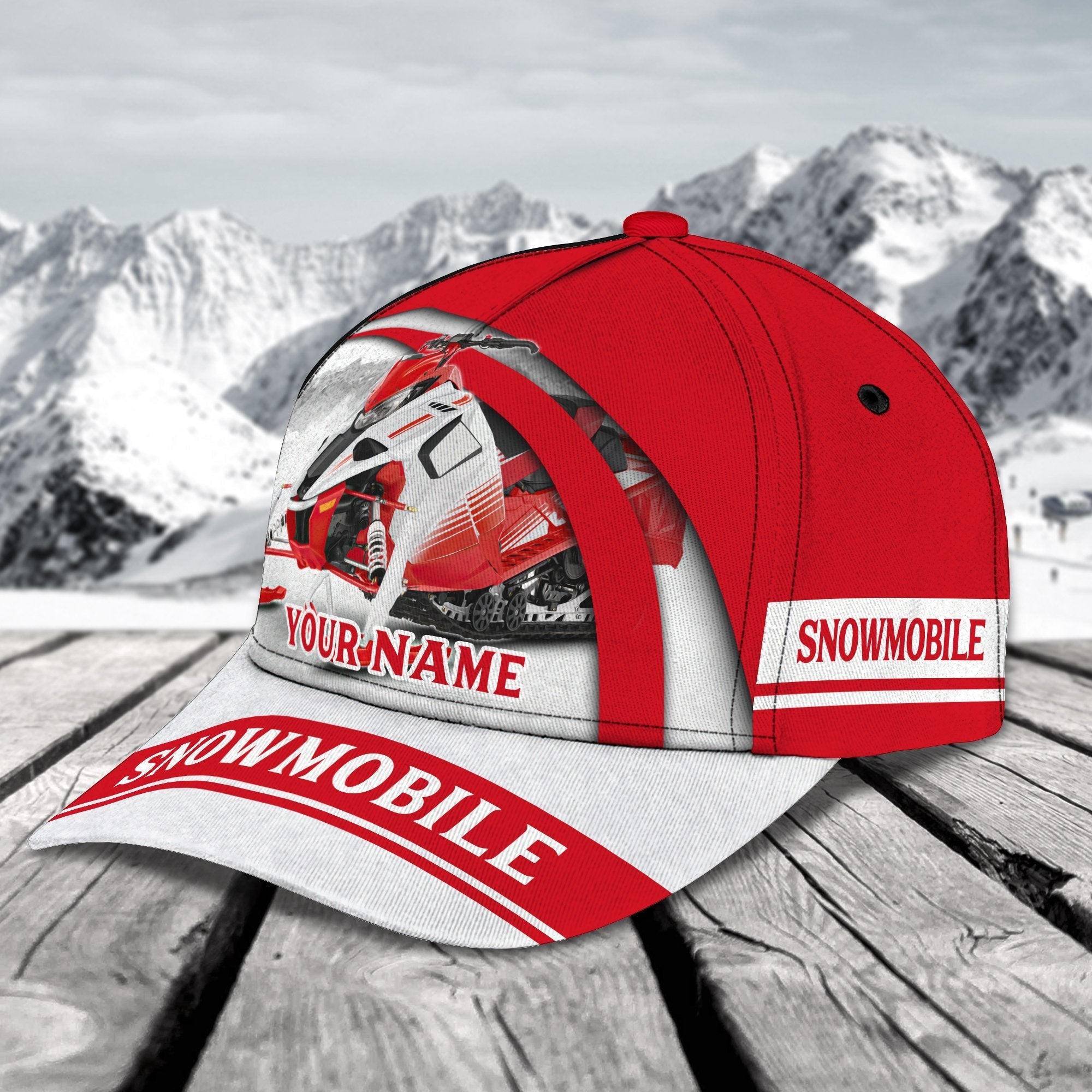3D Classic Cap Red Snowmobile Personalized Name Cap 01 Trucker Hats Custom Hats Gifts For Men & Women