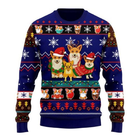 3D Corgi Cute Noel Mc Christmas Blue Ugly Sweater - Image 2