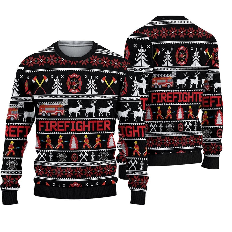 3D Firefighter Reindeer Ugly Christmas Sweater