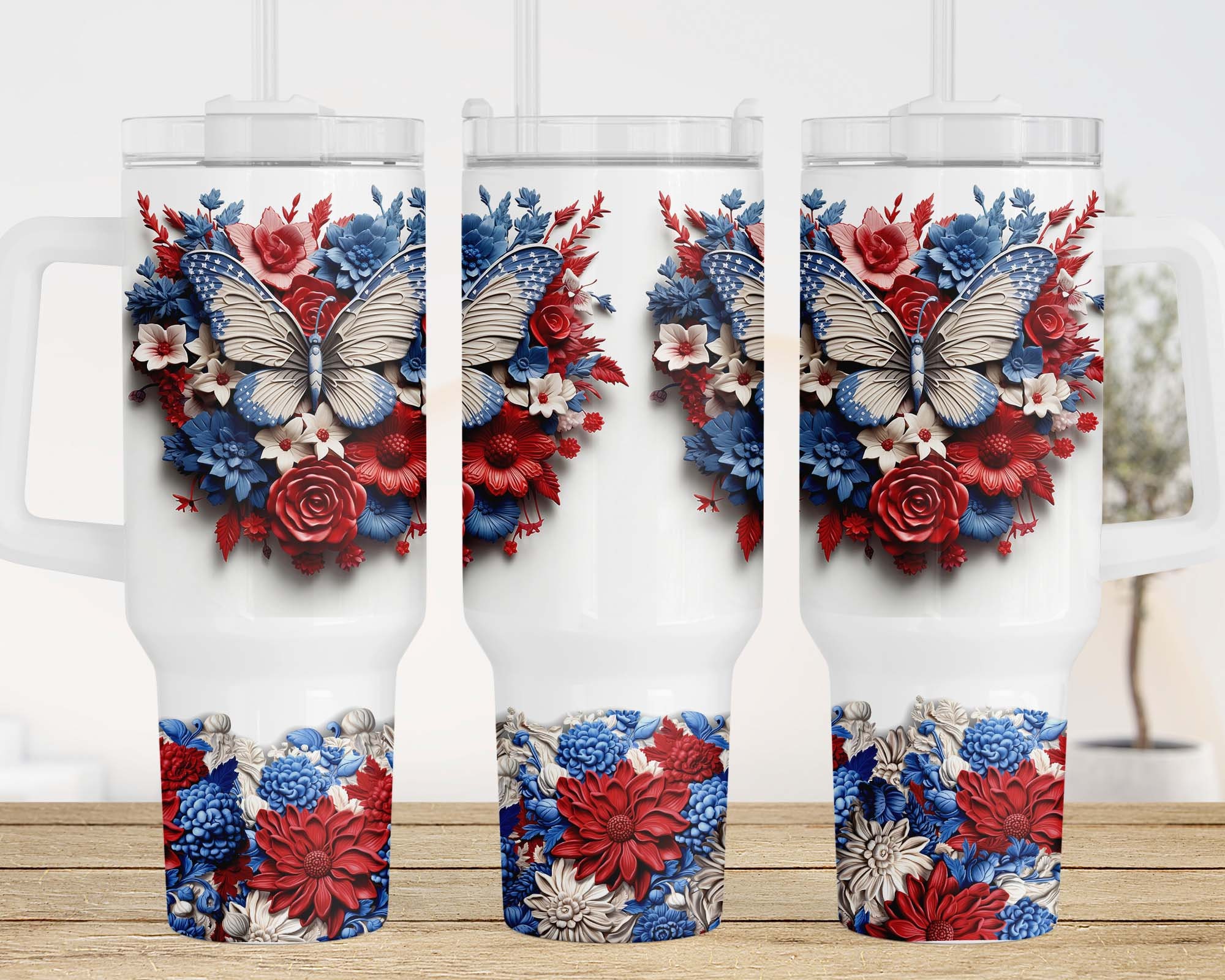 3D Floral Butterfly 4th of July American Flag Custom Stanley Cup 40 oz 30 oz Tumbler With HandleTVC2301958