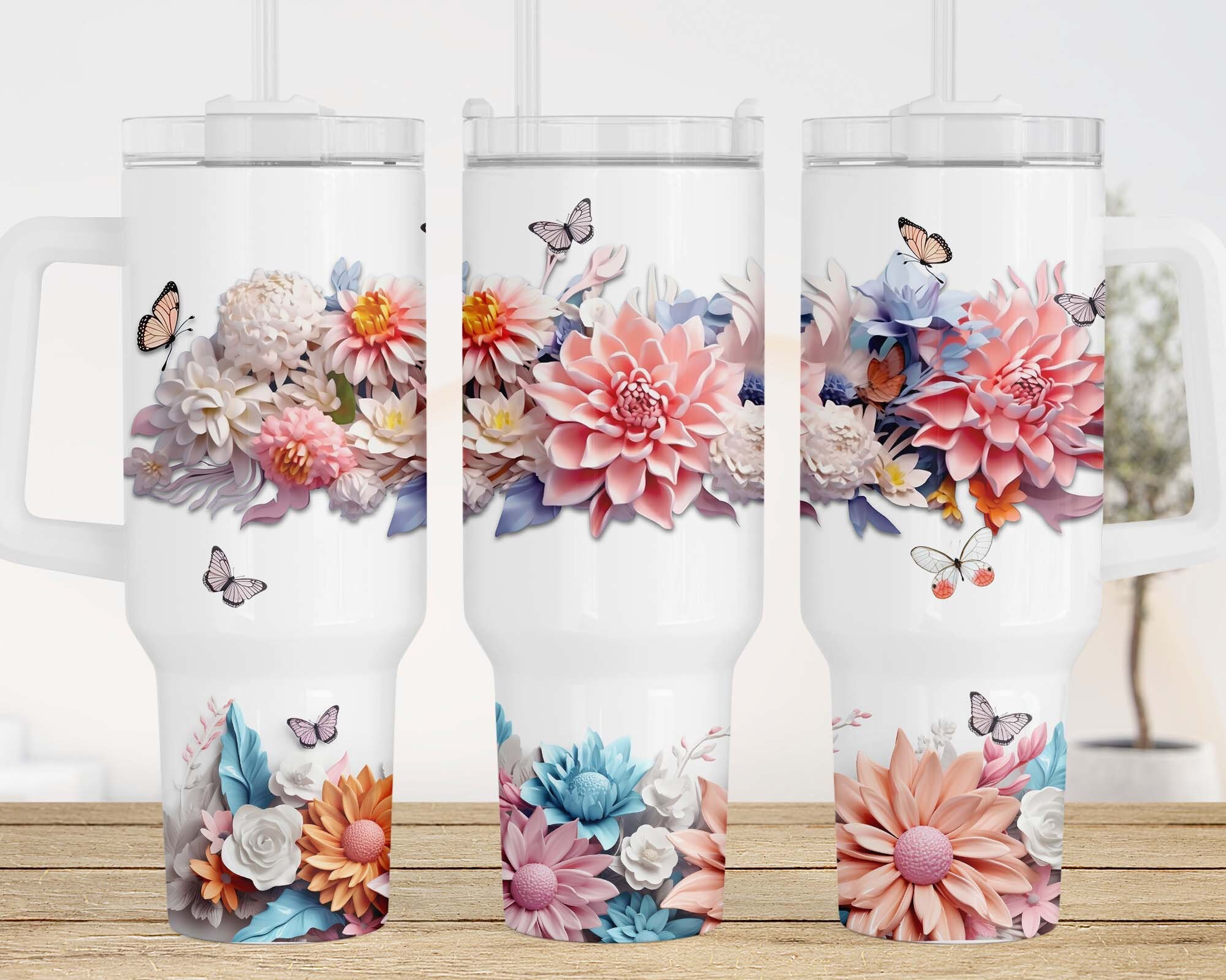 3D Flowers Butterflies Custom Stanley Cup 40 oz 30 oz Tumbler With HandleTVC2301961