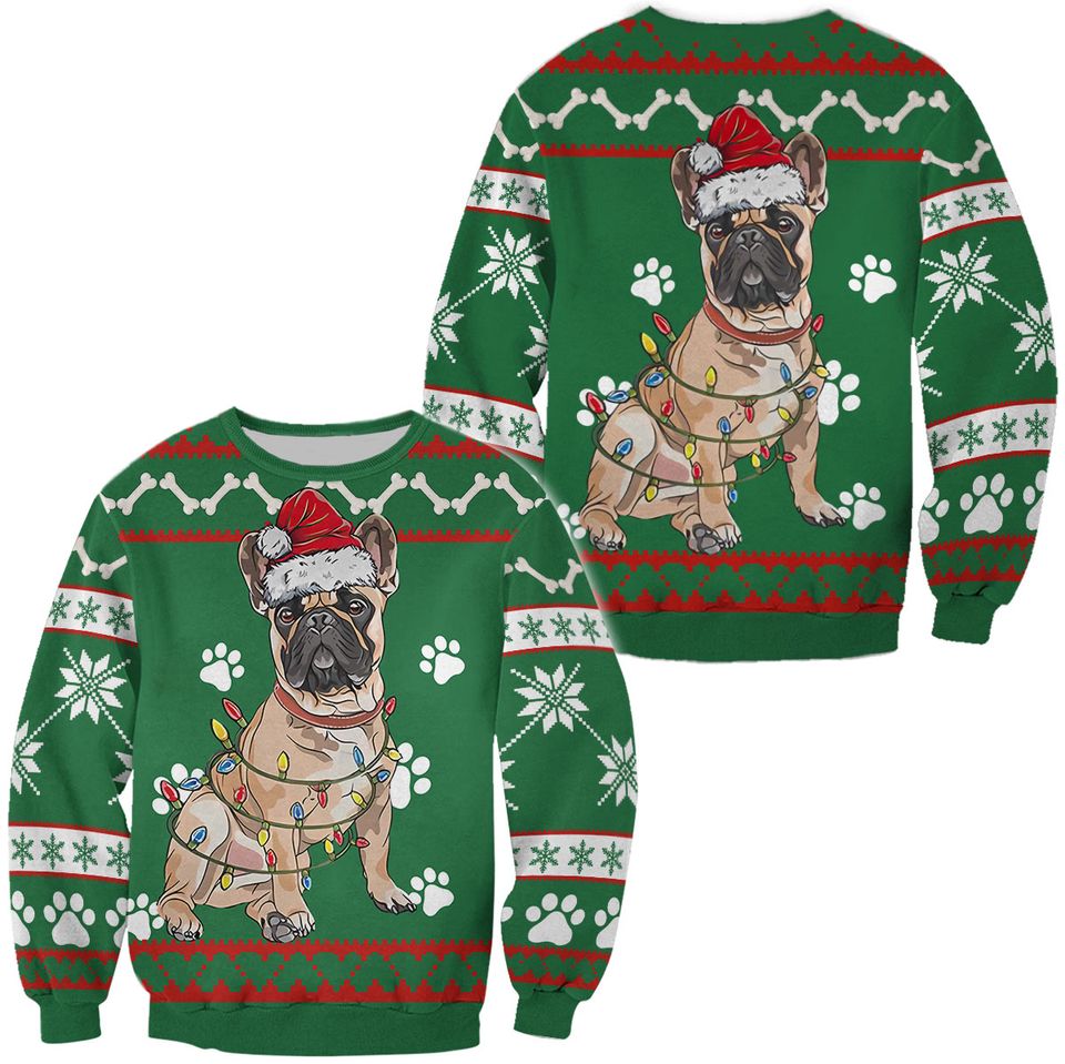 3D French Bulldog Green Christmas Sweater