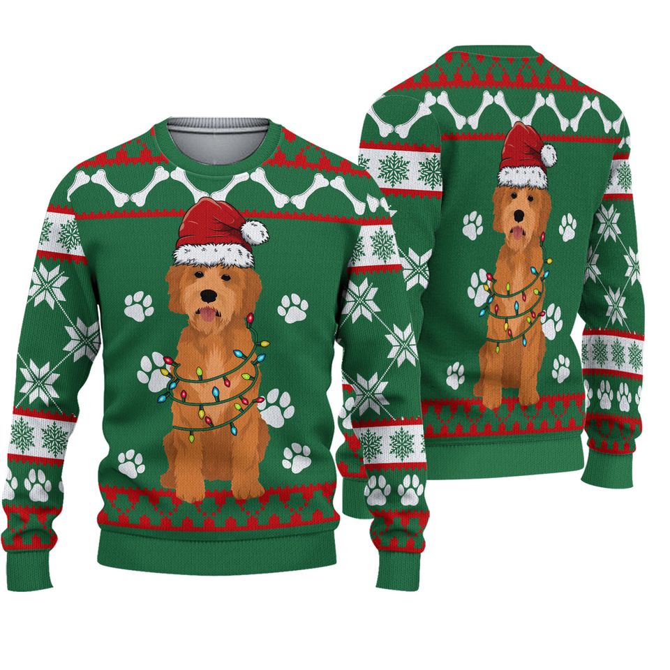 3D Golden Doodle Green Christmas Sweater