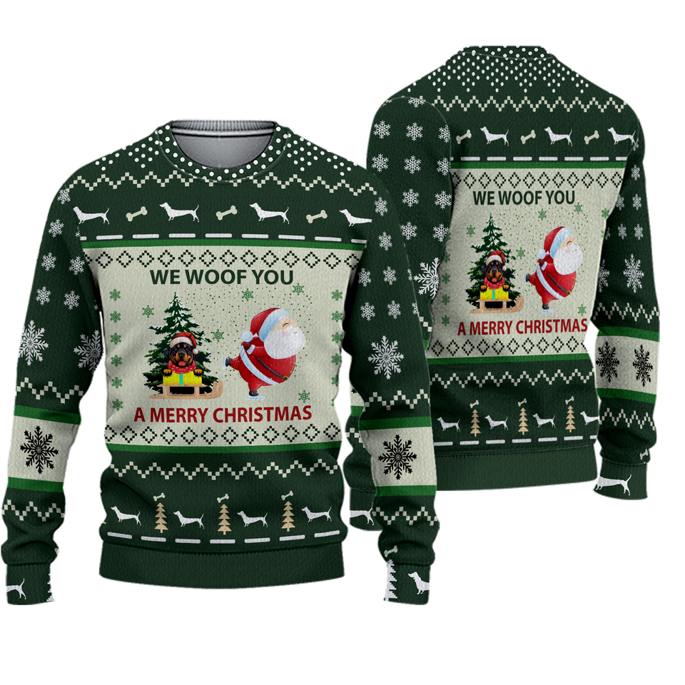 3D Green Red Rottweiler We Woof You A Merry Christmas Ugly Sweater