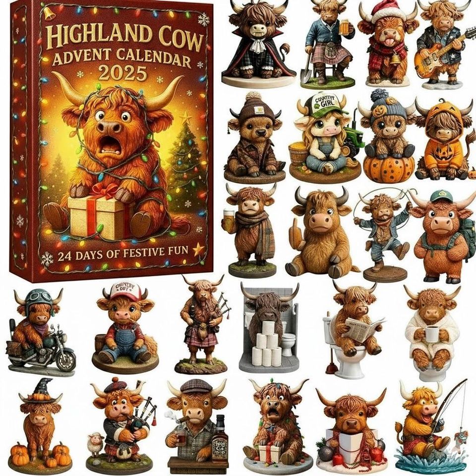 3D Highland Cow Advent Calendar 2025 Acrylic | 24 Days of Farmhouse Christmas Figurines