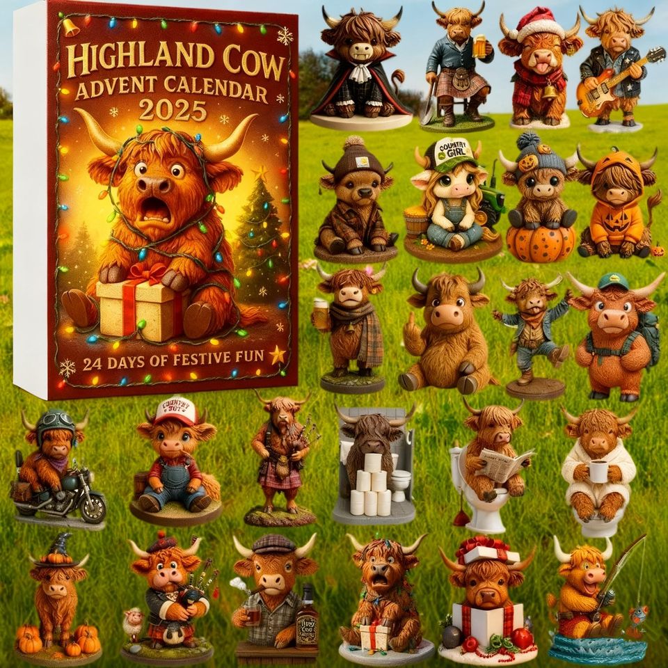 3D Highland Cow Advent Calendar, Resin Figurine Set,Mini Cow Collectible Toys,Farmhouse Christmas Decor