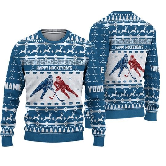 3D Hockey Cross Check Blue Personalized Ugly Sweater - Image 2