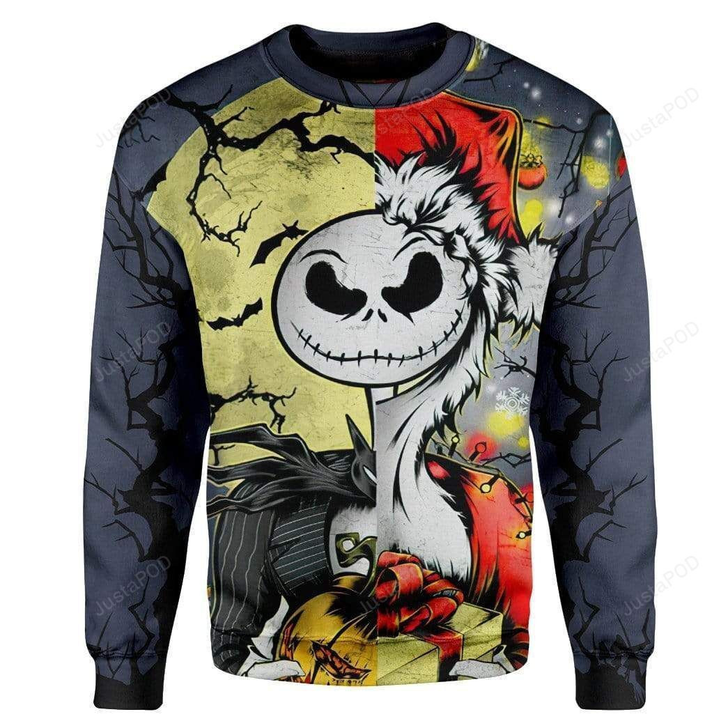 3D Jack Skellington Halloween And Grinch Christmas, Ugly Christmas Sweater Adult 3D Funny Matching for family