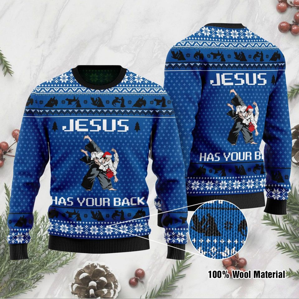 3D Jesus Has Your Back Aikido Jesus Ugly Christmas