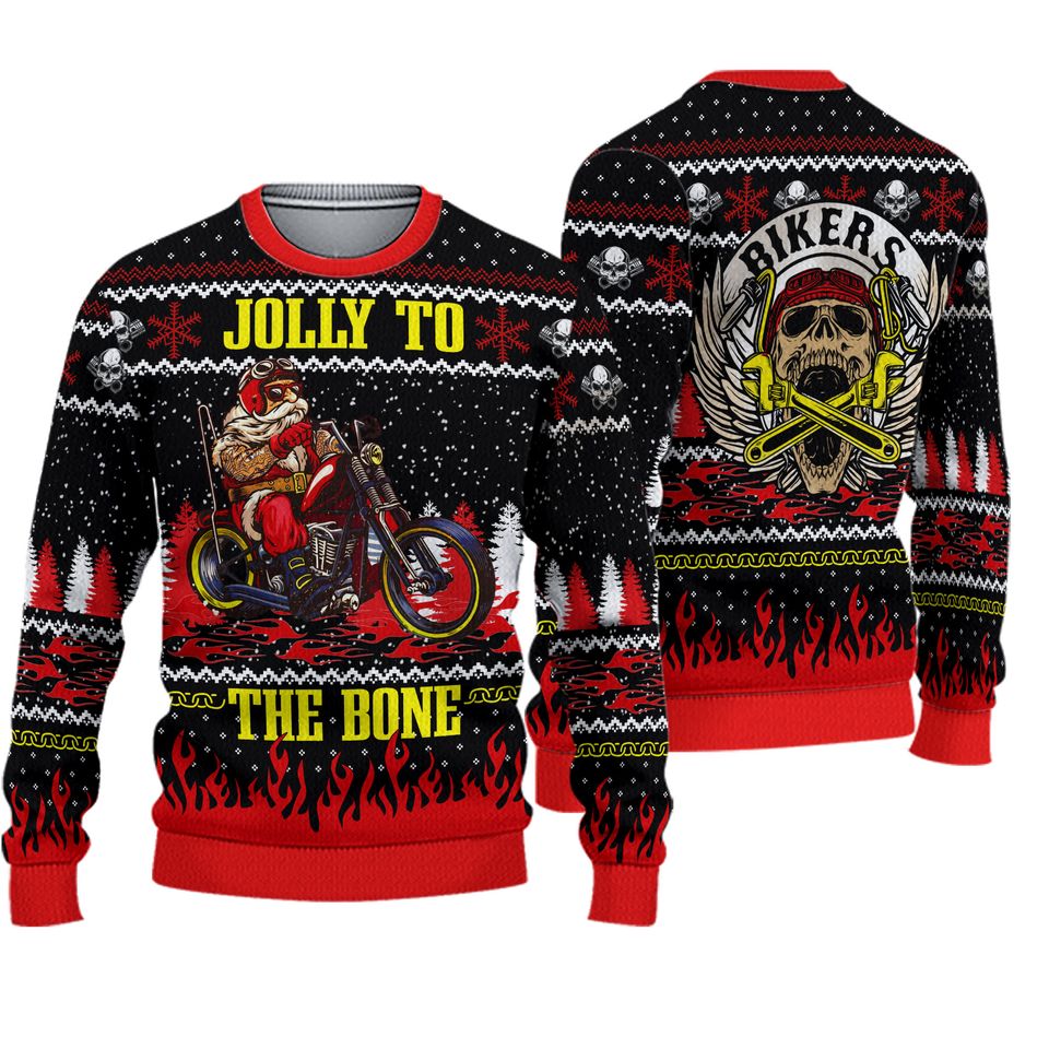 3D Jolly To The Bone Biker Christmas Gift All Over Print Ugly Sweater