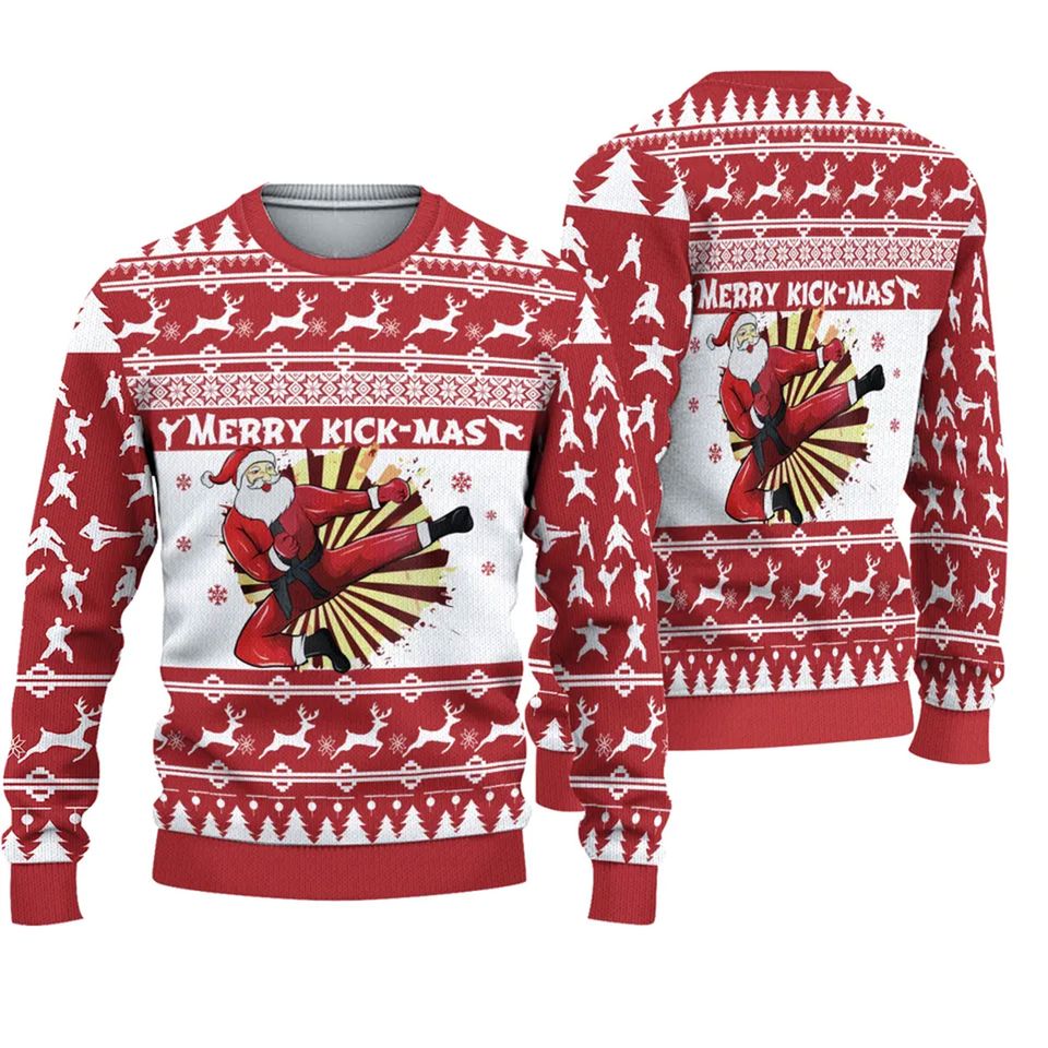 3D Karate Santa Merry Kick Mas Ugly Sweater