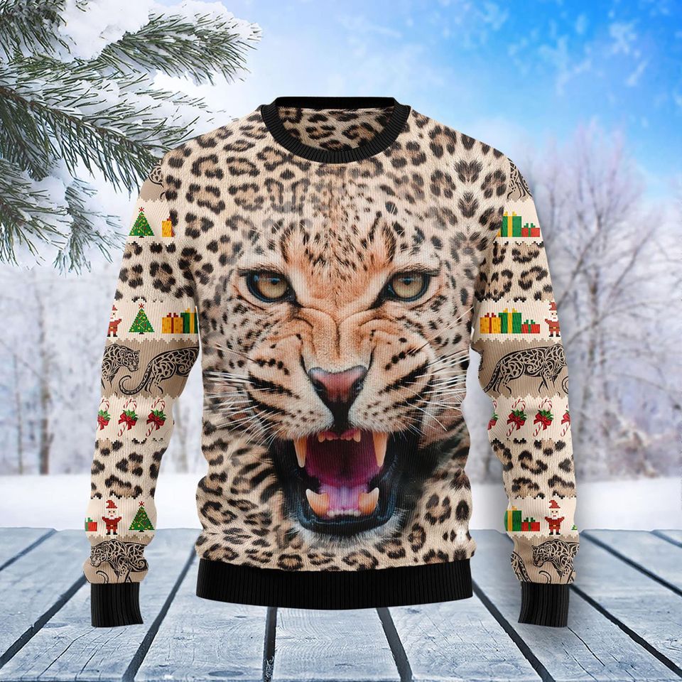3D Leopard Cute Face Ugly Christmas Sweater