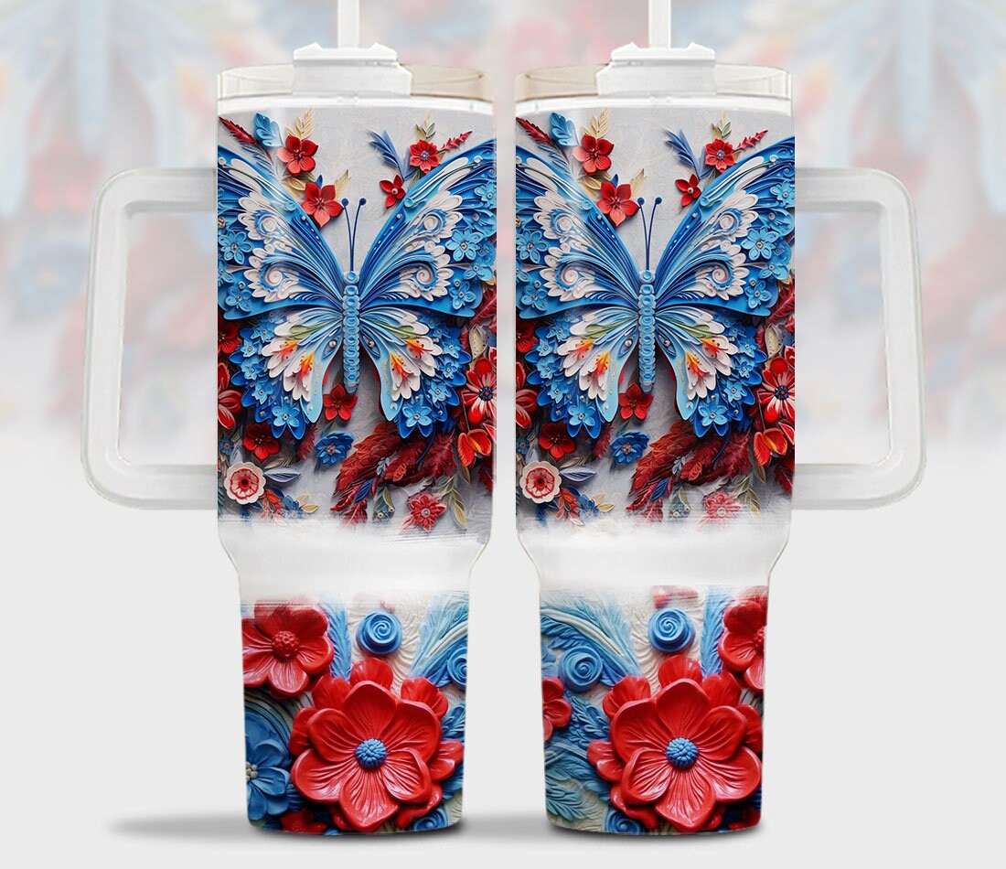 3D Patriotic Floral Butterfly Custom Stanley Cup 40 oz 30 oz Tumbler With HandleTVC2301966